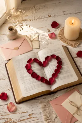 Valentine Heart Rose Petals on Open Bible
