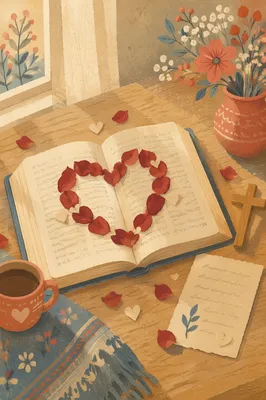 Open Bible with Rose Petal Heart