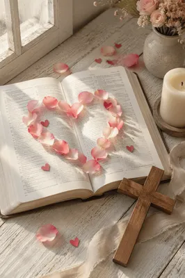 Open Bible with Rose Petal Heart