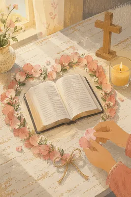 Open Bible with Heart Petal Wreath