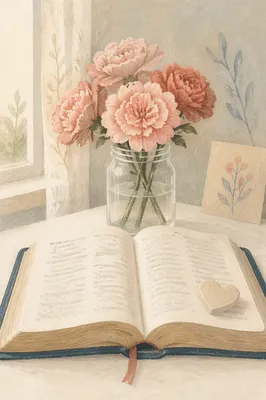 Open Bible with Pink Flowers