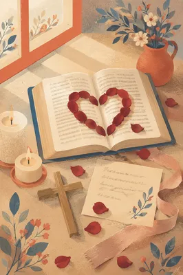 Heart Shaped Rose Petals Beside Bible