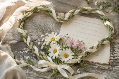 Heart Shaped Ribbon and Daisy Still Life
