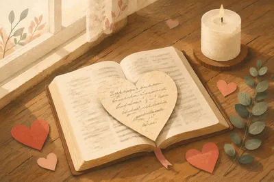 Bible with Paper Heart on Table