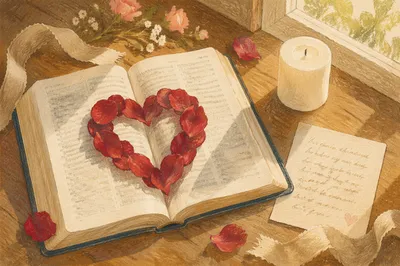Rose Petal Heart on Open Bible