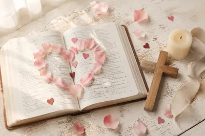 Open Bible with Rose Petal Heart