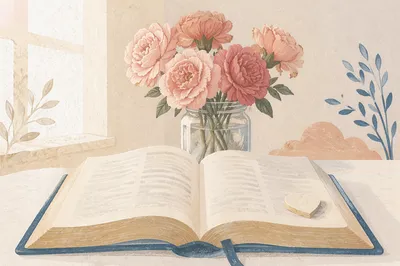 Open Bible with Pink Flowers and Heart