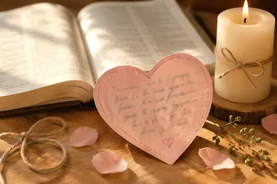 Heart-Shaped Card Beside Open Bible