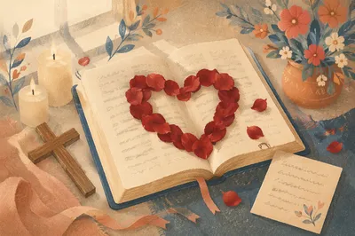 Valentine Still Life with Rose Petal Heart