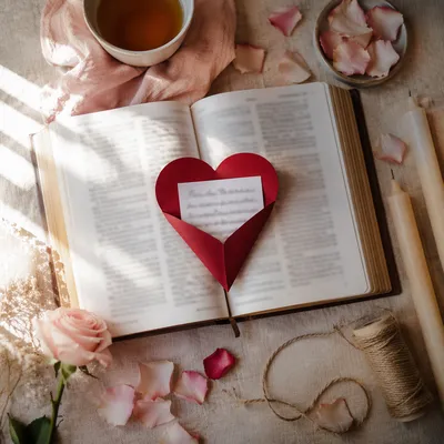 Valentines Flat Lay with Bible and Heart