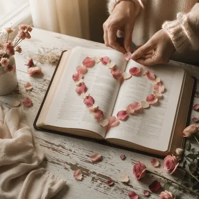 Heart Shaped Rose Petals on Bible