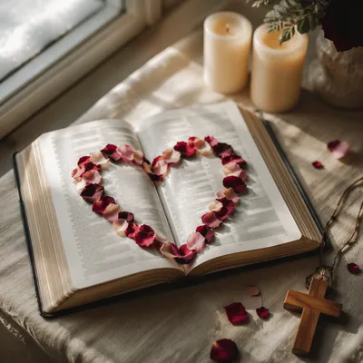 Valentine Bible Heart with Rose Petals
