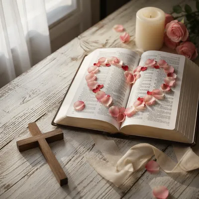 Valentine Bible With Heart Rose Petals