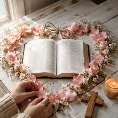 Open Bible with Heart Petal Wreath