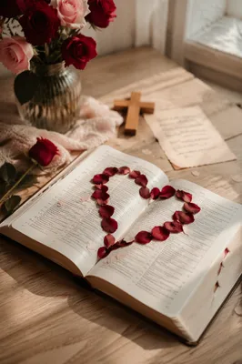 Open Bible with Rose Petal Heart
