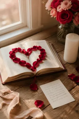 Heart Shaped Rose Petals on Open Bible