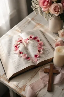 Open Bible with Rose Petal Heart