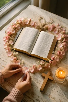 Open Bible with Heart Petal Wreath