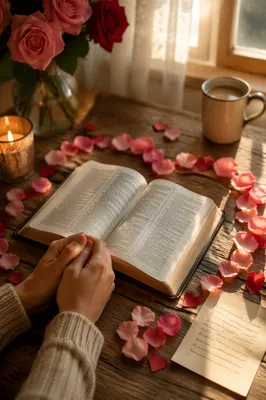 Heart Shaped Rose Petals Around Bible