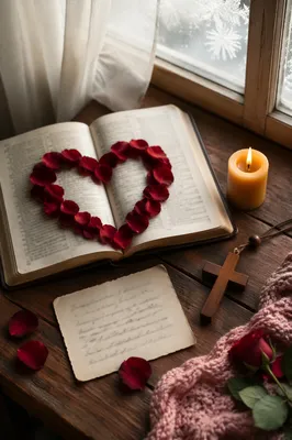Open Bible with Rose Petal Heart
