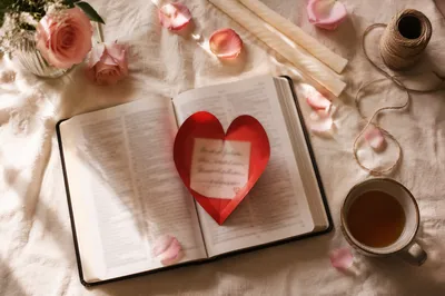 Valentines Flat Lay with Heart and Book