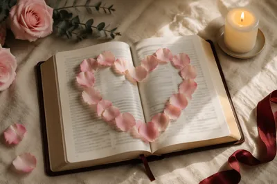Valentine Heart Petals on Open Bible