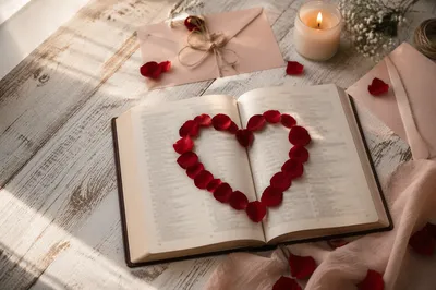Heart of Rose Petals on Open Book
