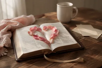 Valentines Heart Rose Petals on Bible