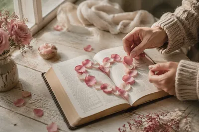Heart Shaped Rose Petals on Open Bible