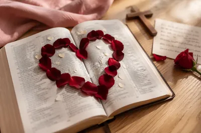 Open Bible with Rose Petal Heart