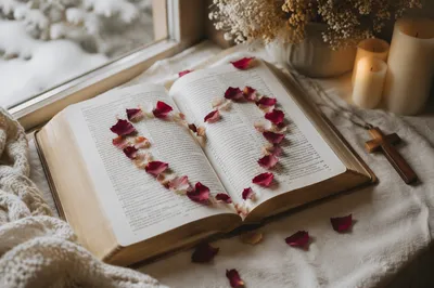 Valentine Heart Petals on Open Bible