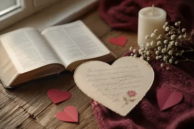 Heart Shaped Card Beside Open Bible