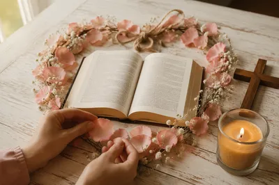 Open Bible with Heart Shaped Petals