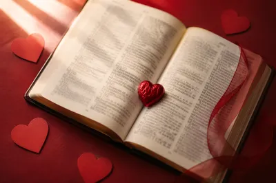 Open Bible with Red Heart Decor