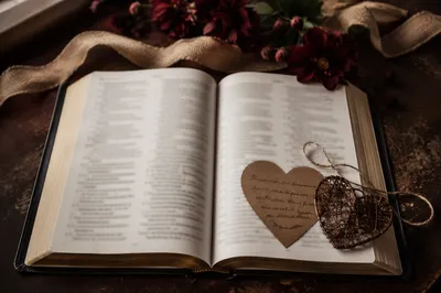 Open Bible with Heart Ornament Flat Lay