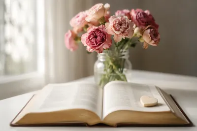 Open Bible with Pink Flowers