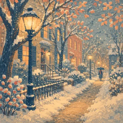 Cozy Winter Street Lamps at Evening