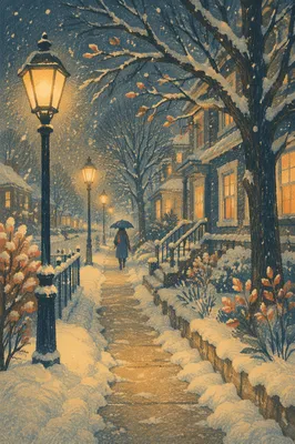 Cozy Winter Street Lamps at Snowfall