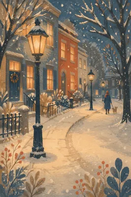 Cozy Winter Street Lamps at Dusk