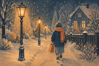 Cozy Winter Street Lamps at Dusk