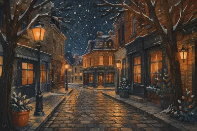 Cozy Winter Street Lamps at Dusk