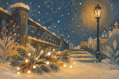 Cozy Winter Street Lamps at Twilight
