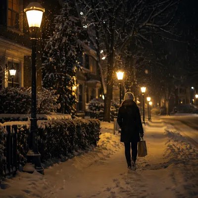 Cozy Winter Evening Under Street Lamps