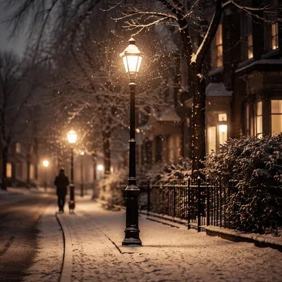 Cozy Winter Street Lamps at Evening