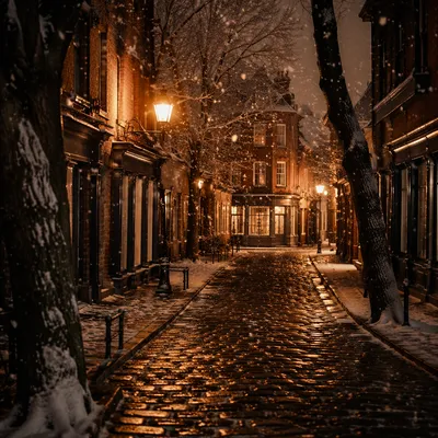 Cozy Winter Street Lamps at Dusk