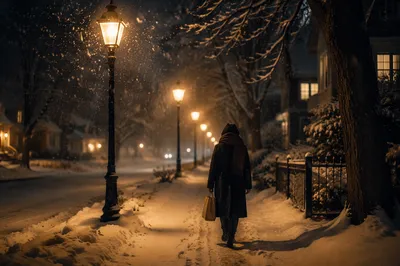 Cozy Winter Evening Under Street Lamps