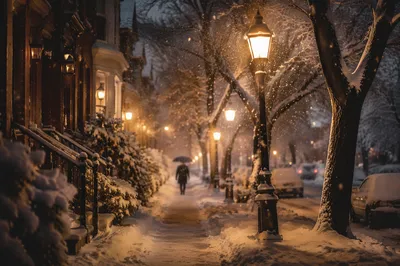 Cozy Winter Street Lamps at Evening