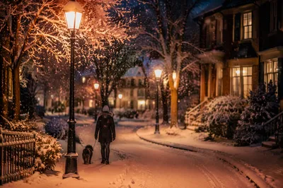 Cozy Winter Street Lamps at Dusk