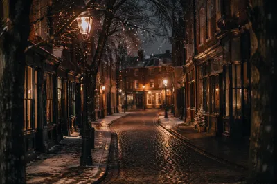 Cozy Winter Street Lamps at Dusk