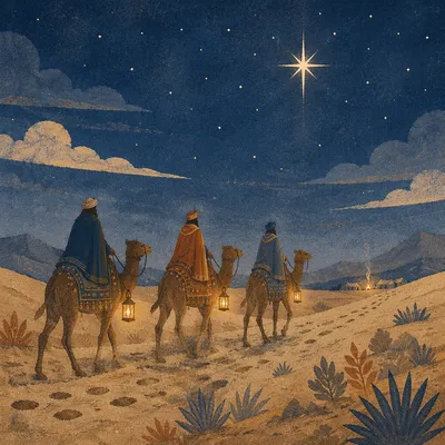 Wise Men Crossing Desert Under Christmas Star